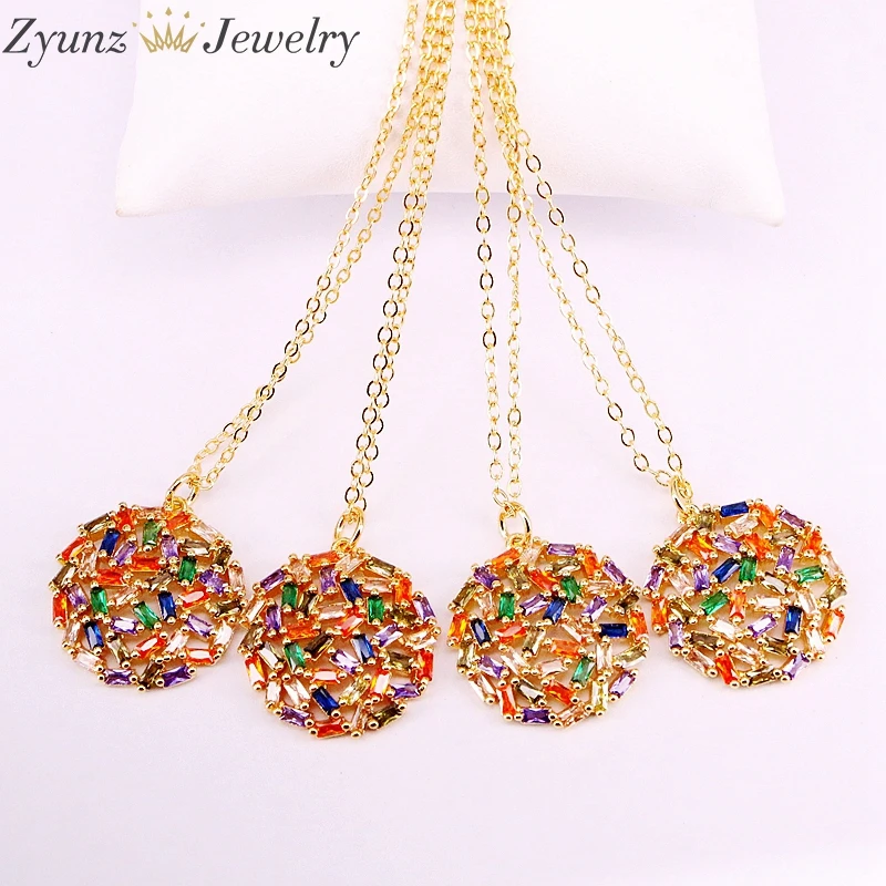 

5PCS, Multi Round Pendant Necklaces Full Rainbow Colorful CZ Micro Paved Fashion Gold Color Crystal Zirconia For Women Jewelry