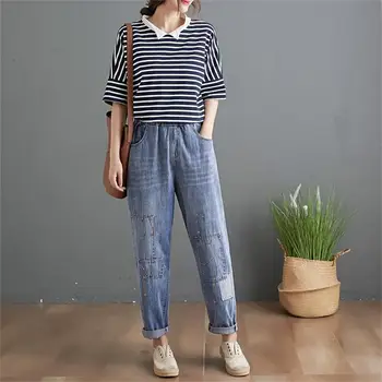 

2020 Autumn Fashion New Style Applique Large Size Jeans Female Loose Casual High-waisted Slimming Harun Trousers
