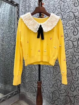 

2020 Early Autumn New Women's Water Soluble Color Matching Stitching Lapel Bow Tie Decorative Long-Sleeve Knitwear 716