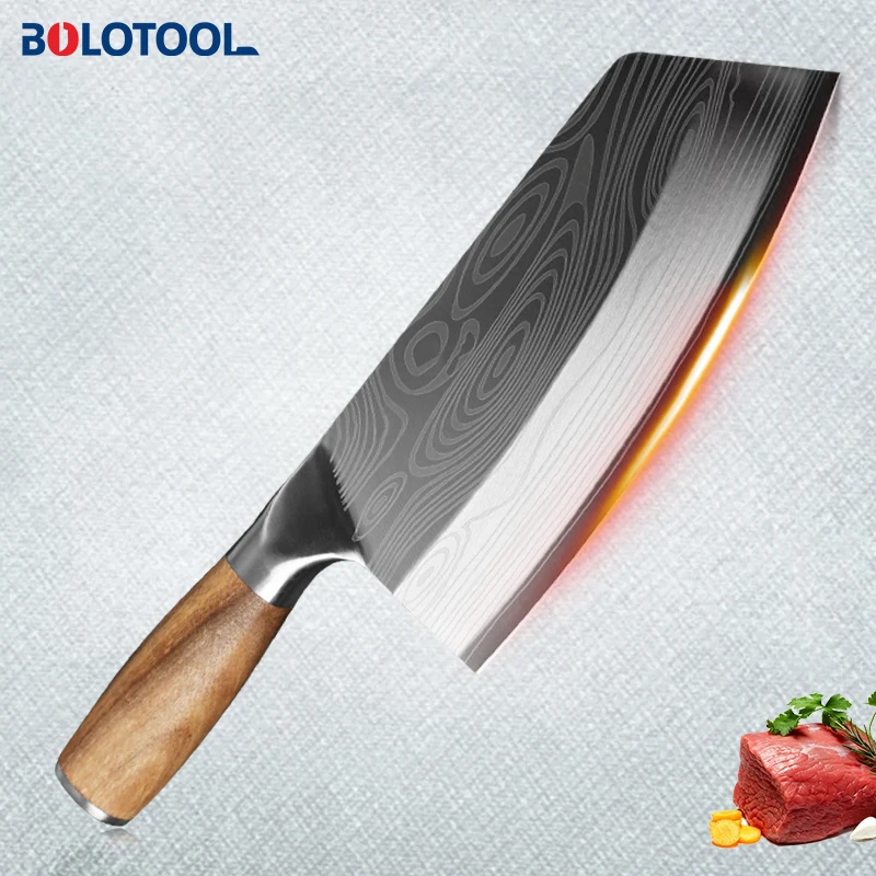 Knife Kitchen Damascus Laser Pattern Meat Cleaver Chinese Chef Chopping Slicing Knife 40CR13 Stainless Steel Vegetable Cutter|Kitchen Knives| - AliExpress