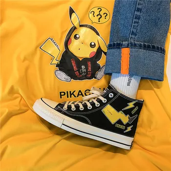 

Pikachu Canvas Shoes Lightning Cartoon Fashion Black Hight Top Sneakers Men