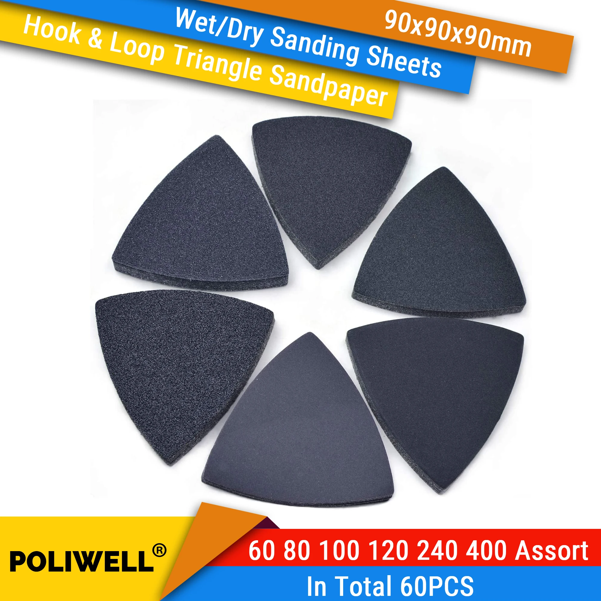 60pcs Triangular Sanding Pads Hook & Loop Sandpaper Fit 31/2 Inch 90mm