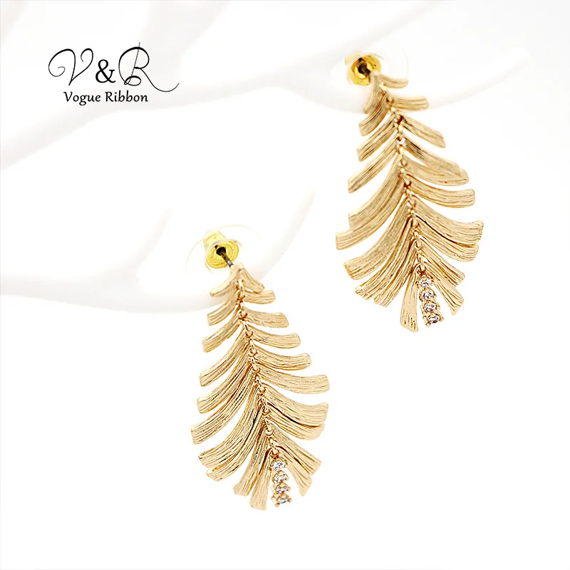 Imitation gold plated drop earring, soft and movable leaves shape with CZ stones, high quality fashion jewelry (3)