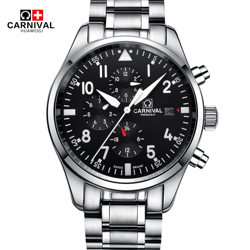 

Fashion Pilot Watch CARNIVAL High end Automatic Watch Men 100m Waterproof Swimming 24 hours Calendar HD Luminous Sports Watches