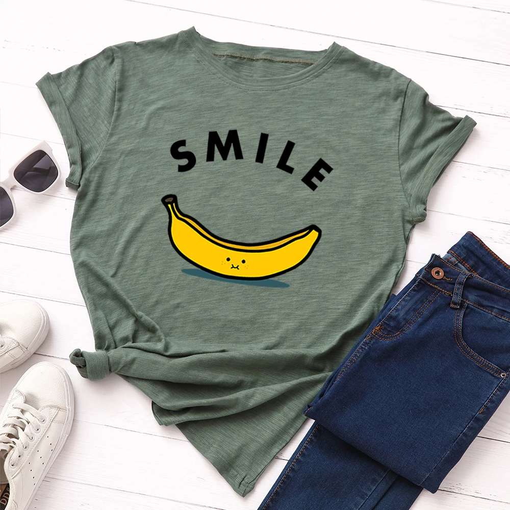 Женская футболка с буквенным принтом и смайликом, хлопковая футболка с коротким рукавом, топы размера плюс, принт с фруктами и бананами, футболки, уличная одежда для девочек - Цвет: Армейский зеленый