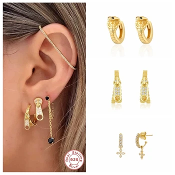 

100% S925 Sterling Silver Snake Earrings European Huggies CZ Hoop Earring For Woman Lovers‘ Girls Pendientes Orecchini Jewelry