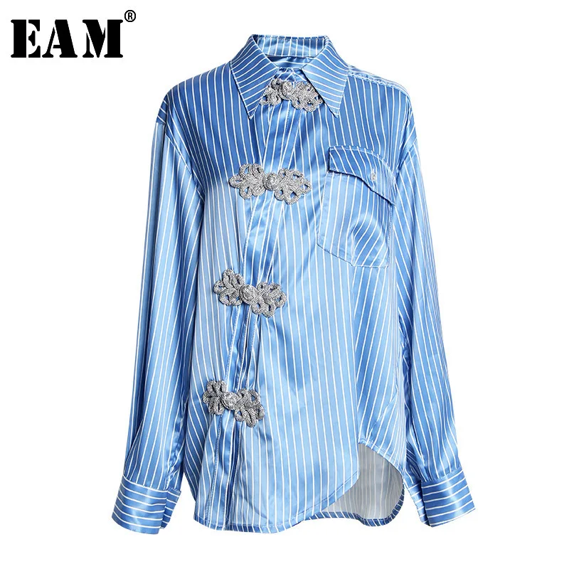 [EAM] женская синяя блузка с косой пуговицей большого размера, новая свободная рубашка с отворотом и длинным рукавом, модная весенняя Осенняя JT2030