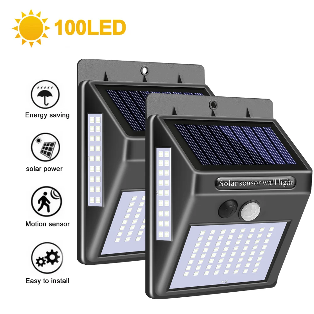 2pcs 100LED Солнечная лампа с датчиком движения PIR настенный светильник 100 светодиодный светильник на солнечной батарее Открытый водонепроницаемый светильник на солнечной батарее для украшения сада - Испускаемый цвет: 2pcs 100LED