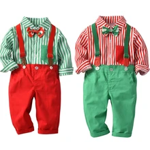 Детская одежда г., рубашка в красно-зеленую полоску с длинными рукавами Топы+ комбинезон, комплект из двух предметов, детская одежда джентльмена на Рождество