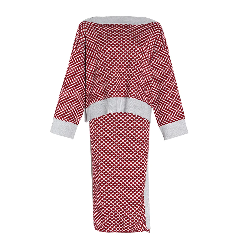 TWOTWINSTYLE трикотажная волнистая точка комплект из двух частей для женщин с длинными рукавами свитера Высокая талия Сторона Сплит юбка осень мода - Цвет: Red