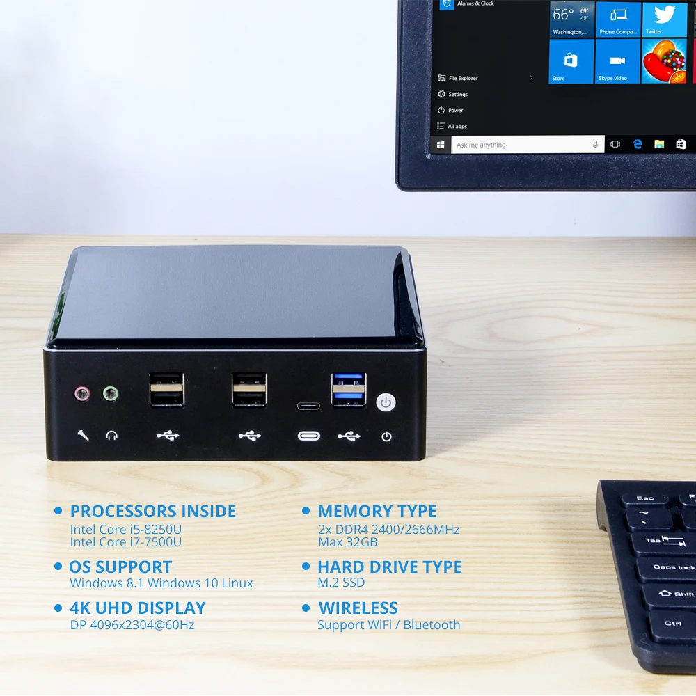  HLY Mini PC DDR4 RAM Intel Core i7 8650U 7500U i5 8250U 7200U Dual RAM M.2 SSD 4K UHD DP HDMI 2*LAN