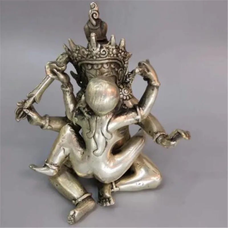 

free shipping Tibet Silver Gilt Bronze Manjushri Consort Yab-yum Buddha Statue 5.5''room Art Statue