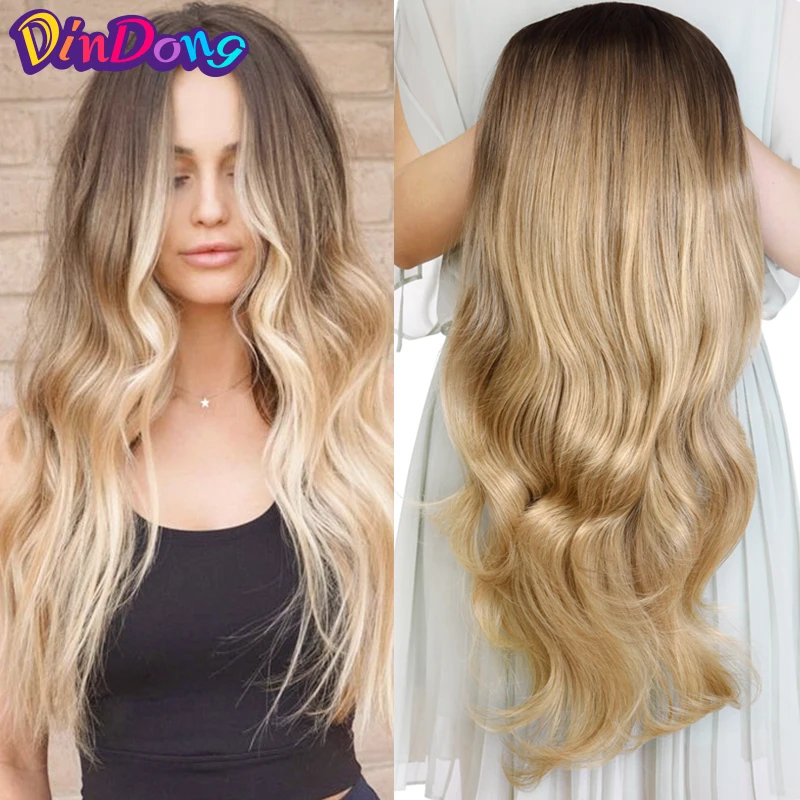 DinDong 24" Synthetic Half Wigs With Clip in Hair Extensions Long Wavy Hair Black Dark Light Brown 3/4 Wigs Heat Resistant Hair