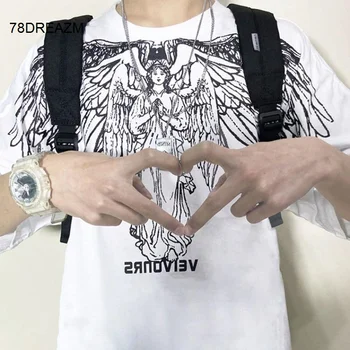

2020 Summer Cool Angel T Shirts Men Harajuku Hip Hop Casual Short Sleeve Tops Tees Male Cool Loose White Tshirt Streetwear