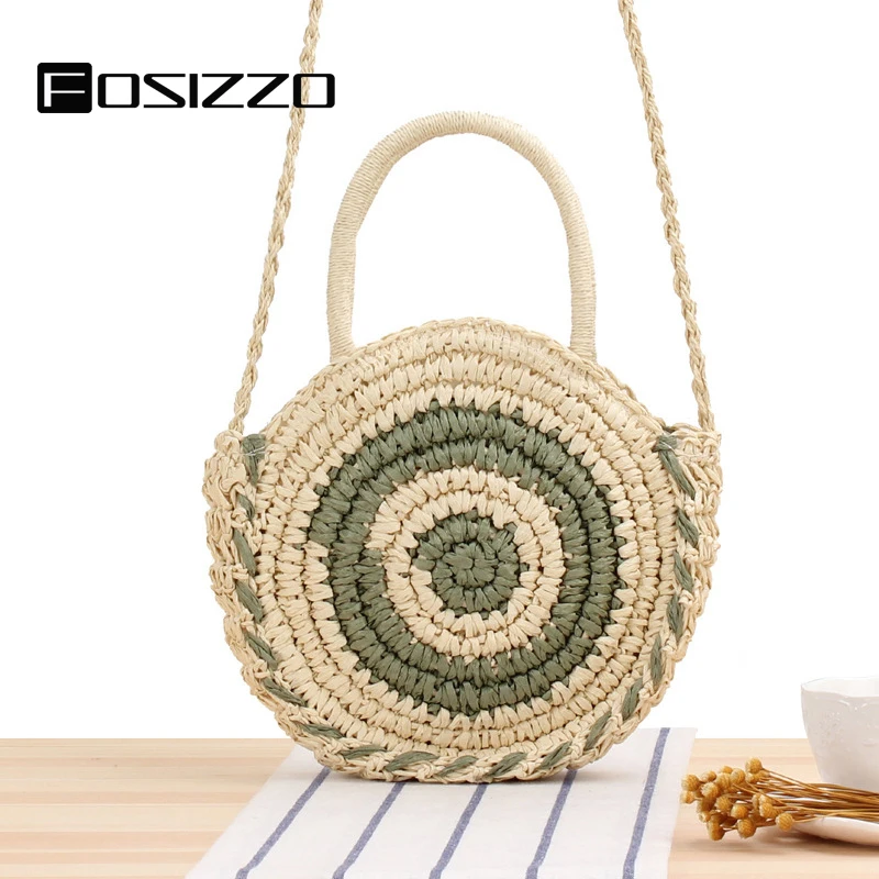 цена FOSIZZO Round Straw Bag Newest Design Fashion Handmade Shoulder Bags Raffia Circle Rattan Straw Bag Beach Bag  FS5123