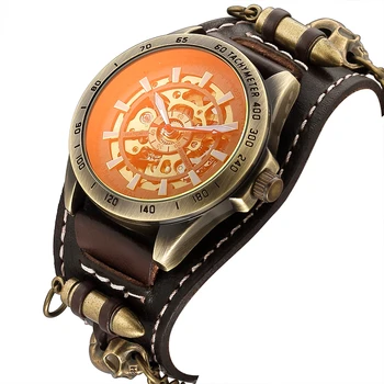 

Vintage Bronze Automatic Watch Skeleton Men Watch Steampunk Transparent Mechanical Mens Watches Antique Leather Clock