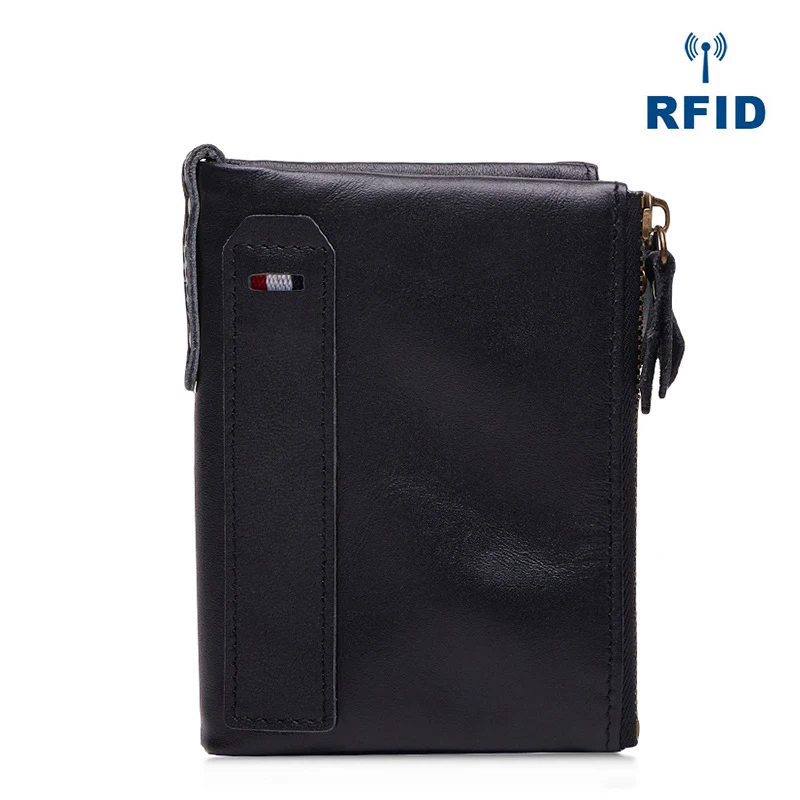 Кошелек из натуральной кожи с функцией блокировки Rfid Для мужчин короткий бумажник с отделением для кредитных держатель для карт монет карман для отдыха в стиле ретро бумажник - Цвет: Black
