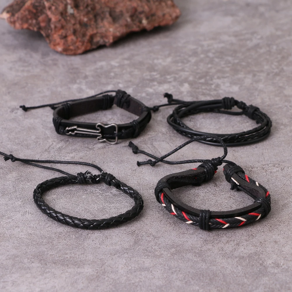 Guitar Cross Leaf Charm Weave Leather Bracelets 4 Pcs/set For Men Women Homme Femme Male Jewelry leather braided bracelet leather bracelet charm bracelet