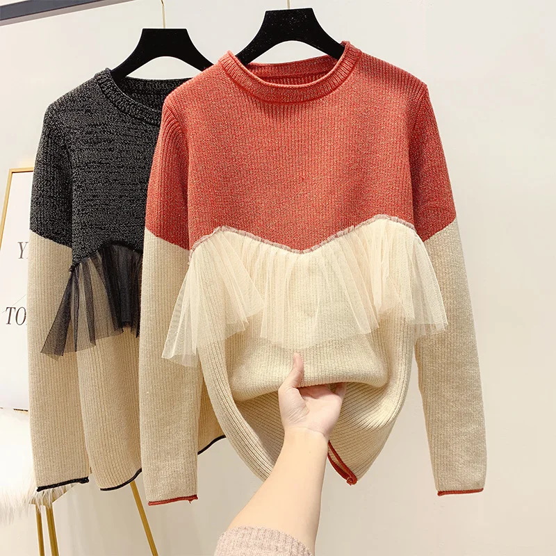 

2020 Spring Loose Sweater for Women New Winter Shiny Silk Round-Neck Color Panel Mesh Ruffles Lazy Sweater Loose Knit Top Jumper