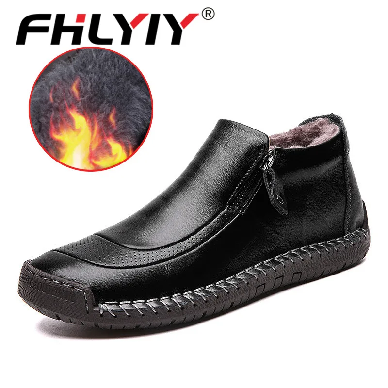 Fhlyiy/Новые Брендовые мужские кожаные ботинки; зимние ботинки; теплые плюшевые кожаные мужские Ботильоны; модная зимняя мужская обувь; большие размеры - Цвет: Fur Black 2