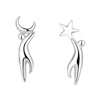 

925 Sterling Silver Asymmetry Star Moon Charm Stud Earrings For Women Kids Fashion Elegant Party Jewelry EH282