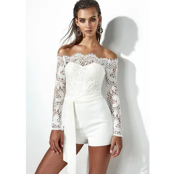 

Women Summer Lace Floral White Color Long Sleeve Short Jumpsuit Romper Clubwear Playsuit Bodycon Party Shorts female