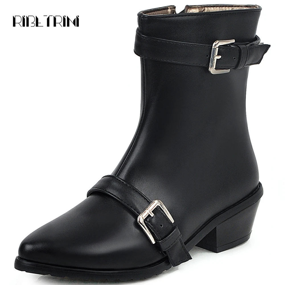 

RIBETRINI Motorcycle Boots For Women 2019 New Winter Fur Shoes Woman Chunky Heels Pointed Toe Casual Mid Calf Boots Big Size