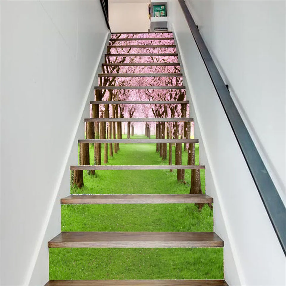 Cherry Blossom Trees Stairs Sticker Self-adhesive Waterproof Landscape Staircase Mural For Home Hotel Corridor Decor Stair | Дом и сад