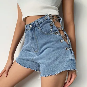 

Sexy Women's Cutout Metal Chains Decorated High Waist Denim Shorts Summer Short Jeans