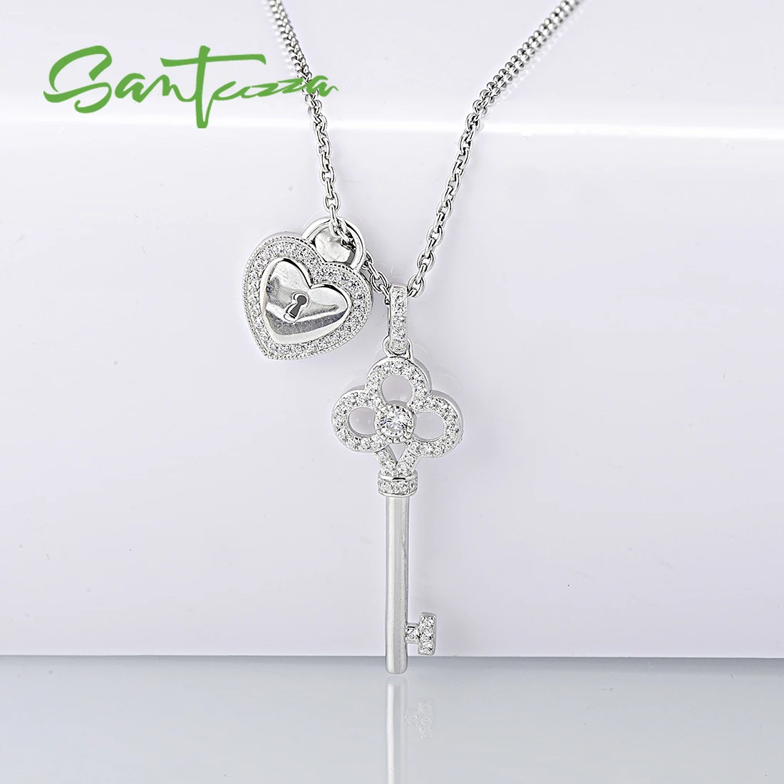 SANTUZZA 925 Sterling Silver Pendant for Women Fit for Necklace Key Heart Lock Romantic White Cubic Zirconia Trendy Fine Jewelry