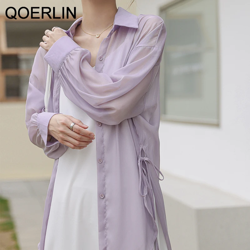 QOERLIN See Through Sexy Side Slit Lace-Up Shirt Women 2021 Summer New Korean Japanese Chic Button Up Casual Oversize Top Blouse
