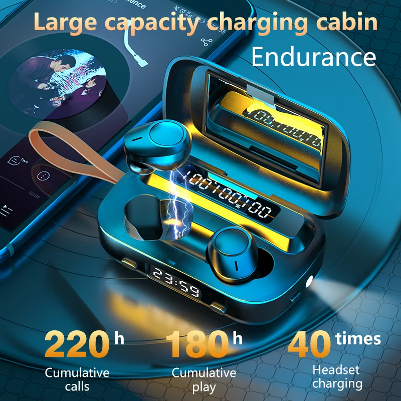 Bluetooth Earphone 5 0 Digital Display TWS Date Week Time Display Fashlight Function 2000mah Charging Box