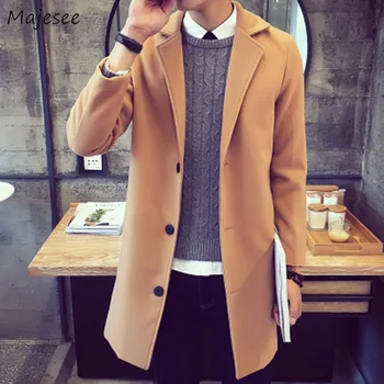 

Wool Men Slim Long Solid Simple All-match Soft Woolen Korean Style Large Size Daily Blends Mens Trendy Pockets Leisure Blends