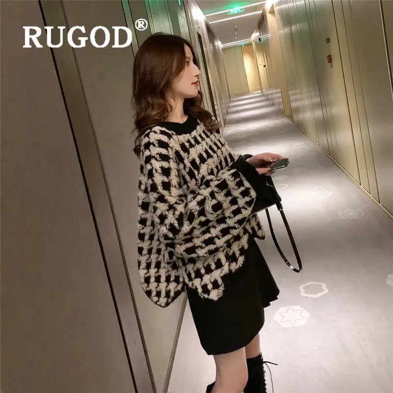 RUGOD, большой размер, женский свитер, в клетку, с круглым вырезом, свободного размера плюс, ВЯЗАННЫЙ ПУЛОВЕР, модный Женский Повседневный корейский свитер