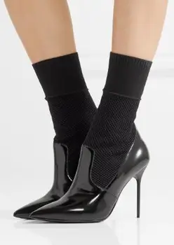 

Hot Selling Women Socks Boots Black Patchwork High Heels Pointed Toe Stilettos Short Botas Slip on Stretchy Heels