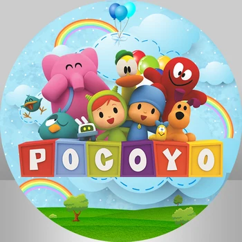 

Cartoon Pocoyo Birthday Party Round Backdrop for Photo Studio Blue Sky Green Grass Circle Photography Backdrop Photocall Vinyl