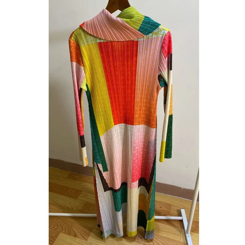 Осень Miyake fold Высокий воротник печати большой размер тонкий длинное платье