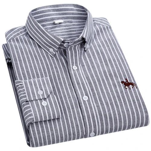 Y1922 gray stripe Полосатый Оксфорд хлопок мужские деловые рубашки в повседневном стиле Новое поступление Вышивка Узор длинный рукав Твердые офисные мужские платья рубашки - Цвет: Y1922 gray stripe