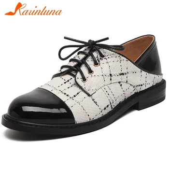 

Karinluna 2020 Hot Sale Genuine Cow Leather Lace Up Brogue Shoes Woman flats Mix Color Comfortable Flats Women Shoes Footwear