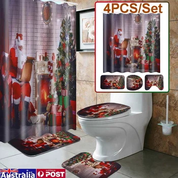 

Christmas Bathroom set Snowman Santa Father Bell Elk Waterproof Christmas Shower Curtain With Lid Toilet Cover Mat Slip Rug Lid