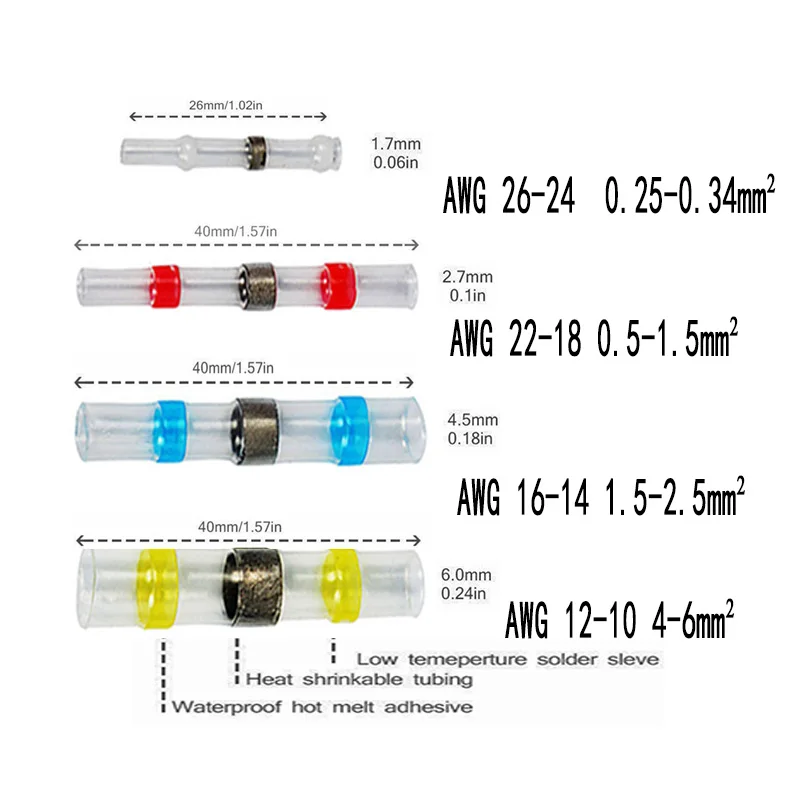 20/50PCS Waterproof Solder Seal Sleeve Splice Terminals Heat Shrink Electrical Wire Connector Butt Connector Insulated Soldering solder seal wire connectors