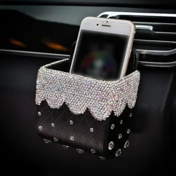 

Leather Car Storage Box Crystal Rhinestones Diamond Auto Outlet Air Vent Cosmetics Case Mobile Phone Bag Pouch Bucket 2020