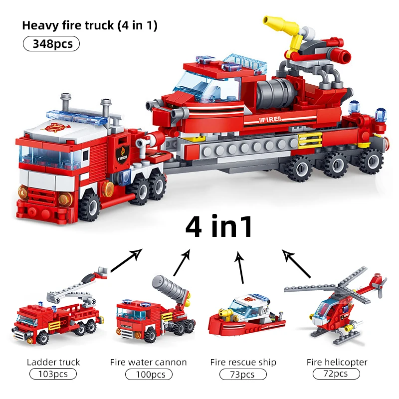 348pcs 4in1 Fire Fighting Trucks Car Helicopter Boat Building Blocks compatible legoingly City Firefighter Bricks children Toys