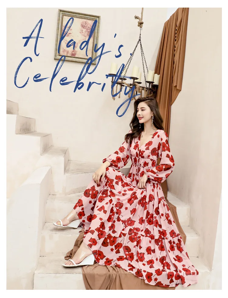 Delocah Women Autumn Dress Runway Fashion Sexy Deep V-neck Floral Print Back Zipper High Waist Elegant Casual Holiday Long Dress