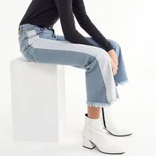 Женские джинсы с бахромой, брюки в полоску по бокам, длина по щиколотку, джинсовые широкие брюки, женские повседневные эластичные брюки, модная уличная одежда