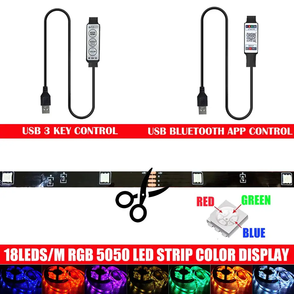 RGB LED Lights Strip 5050 Bluetooth Control USB 5V White Flexible Lamp Tape Diode Festival Fita Bedroom Tira Luces TV Desk Luz