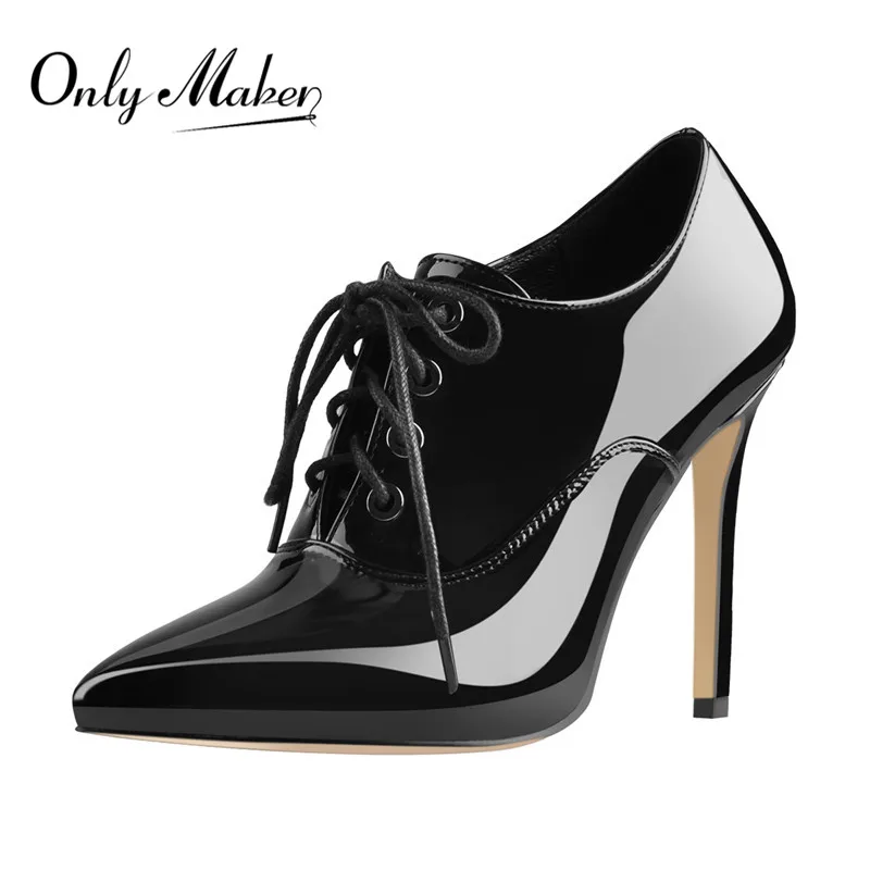 Onlymaker Women's Pointed Toe Sexy 10CM High Heel Lace-up Stiletto Black Patent Leather Black Sole Boots