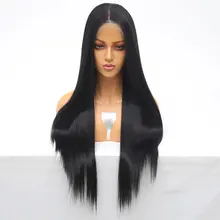 Bombshell черные прямые синтетические волосы 13*6 дюймов парик фронта шнурка Glueless термостойкие волокна волос средний пробор для женщин парики