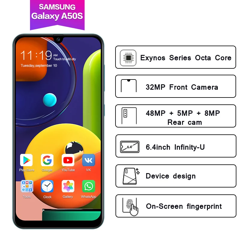 Samsung A50s 6," Super AMOLED 4x zoom Поддержка NFC Google Playstore 6G 128G 2340*1080 4 камеры 48MP 4000mAh отпечаток пальца ID