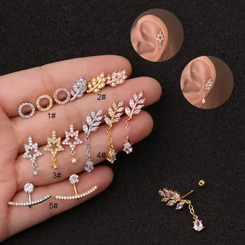 

New 1pc Cz Leaves Stars Curved Cartilage Earring Helix Piercing Jewelry Stainless Steel Screw Back Stud Tragus Rook Lobe Earring